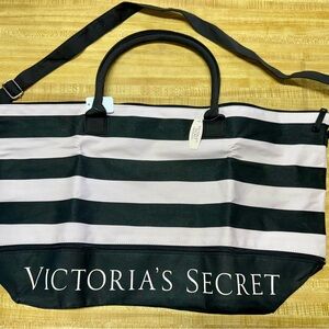 Victoria's Secret Black and Pink Striped Tote Bag